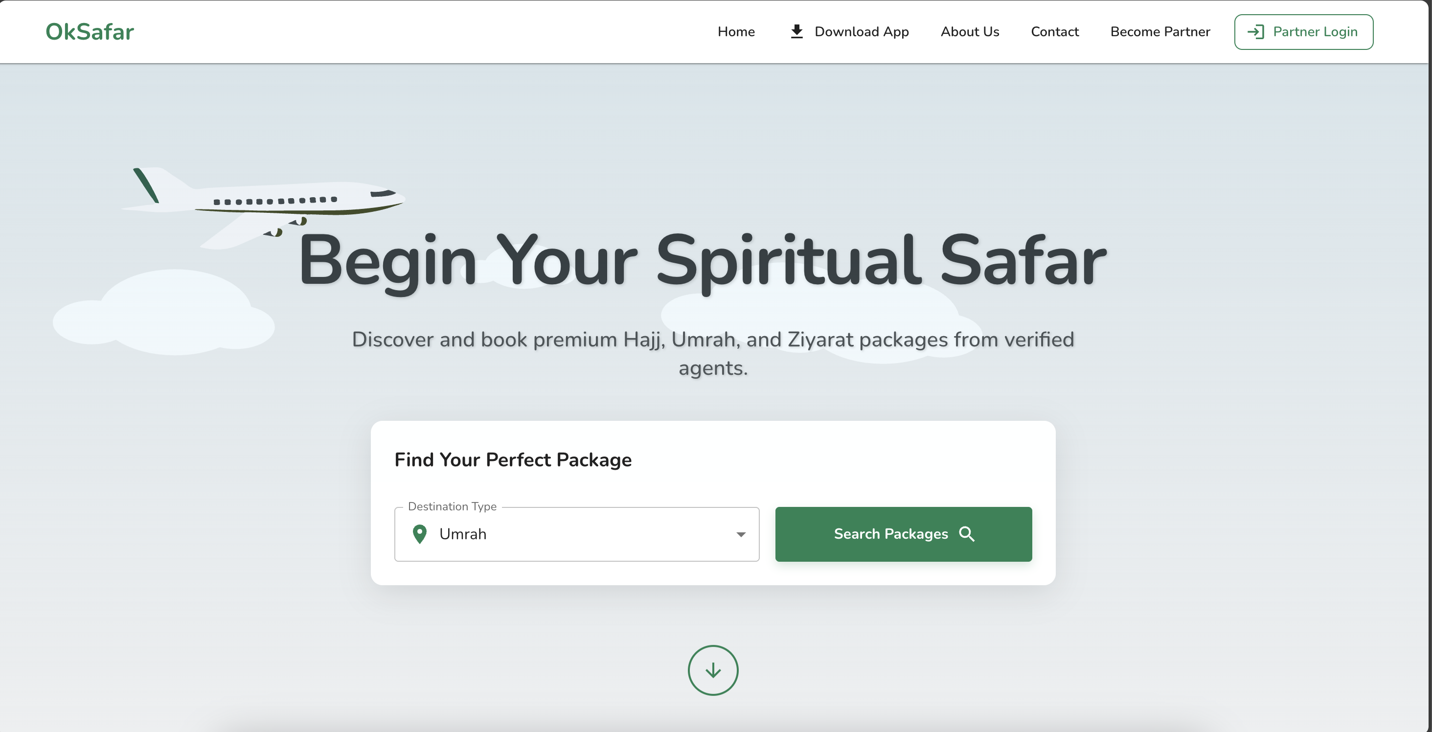 OkSafar Platform interface showing religious travel packages